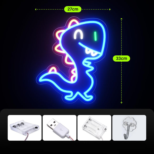 Blå dinosaur neon lampe til væggen