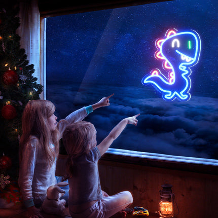 Blå dinosaur neon lampe til væggen