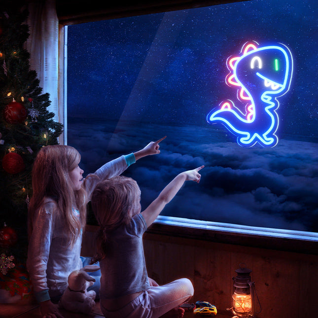 Blå dinosaur neon lampe til væggen