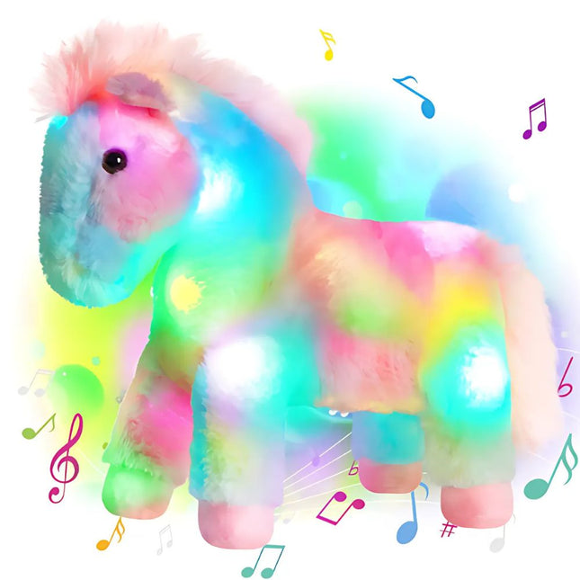 Flerfarvet hest plysdyr med LED lys