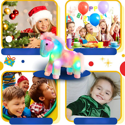 Flerfarvet hest plysdyr med LED lys