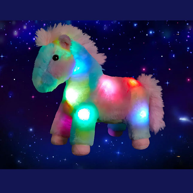Flerfarvet hest plysdyr med LED lys