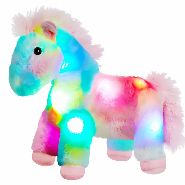 Flerfarvet hest plysdyr med LED lys