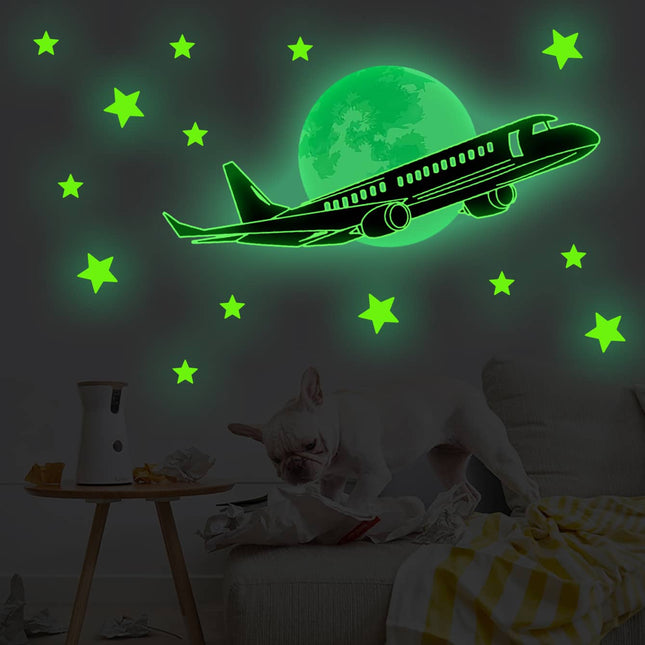 Selvlysende vægklistermærker med fly og stjerner