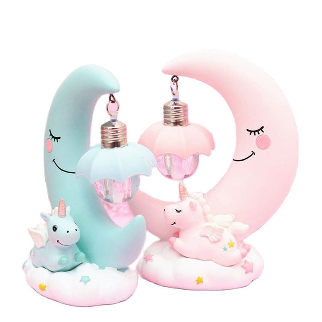 3D natlampe med blå enhjørning måne