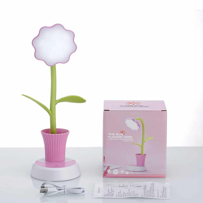 Genopladelig blomster skrivebordslampe med penneholder