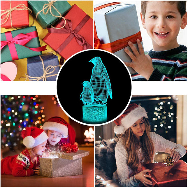 3D illusion natlampe med pingvin-motiv